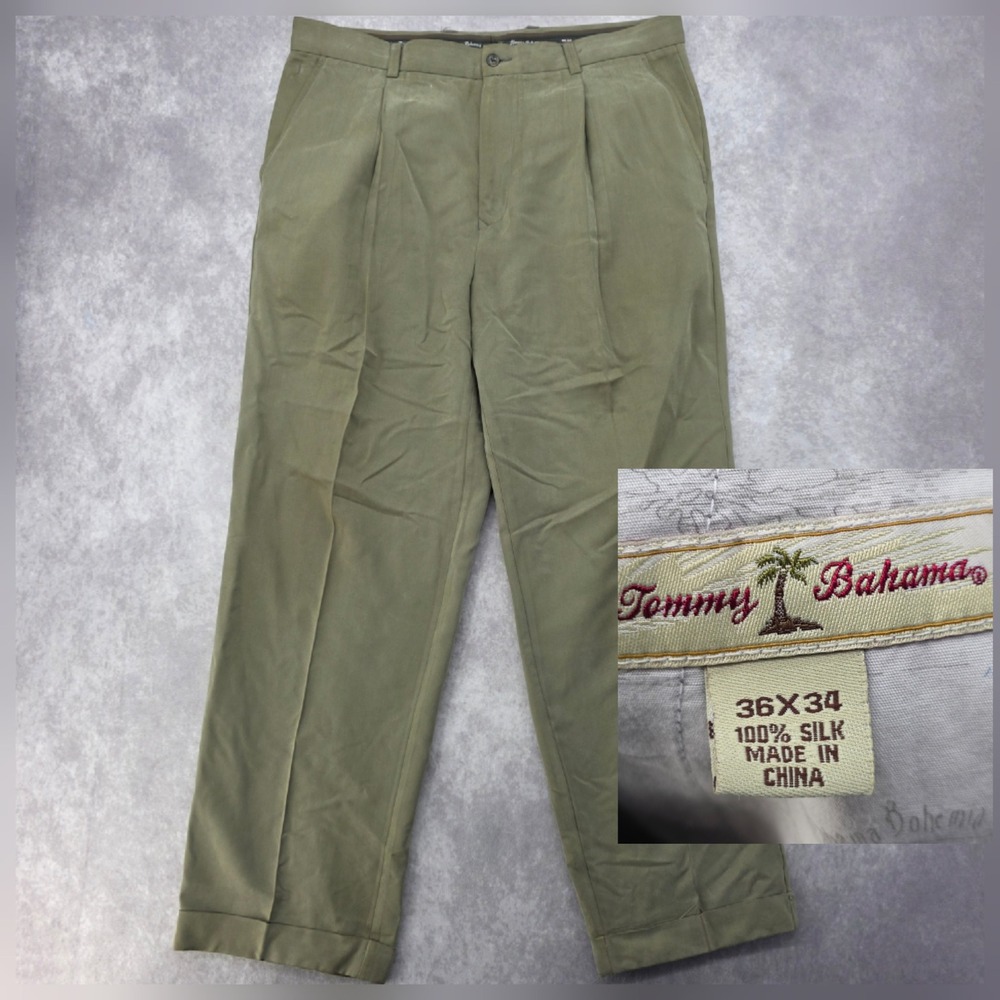 Tommy Bahama 100% Silk Pleated Cuffed Dress Pants Mens 36x34 Olive Fits 38x31